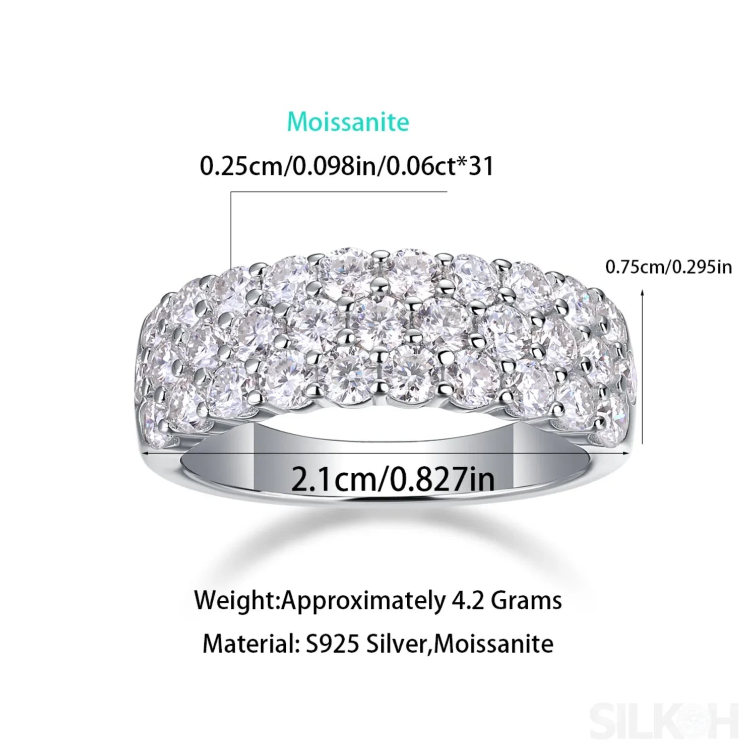 1.8 Carat Moissanite Sterling Silver Pave Triple Row Ring Amaya - Sassygrove