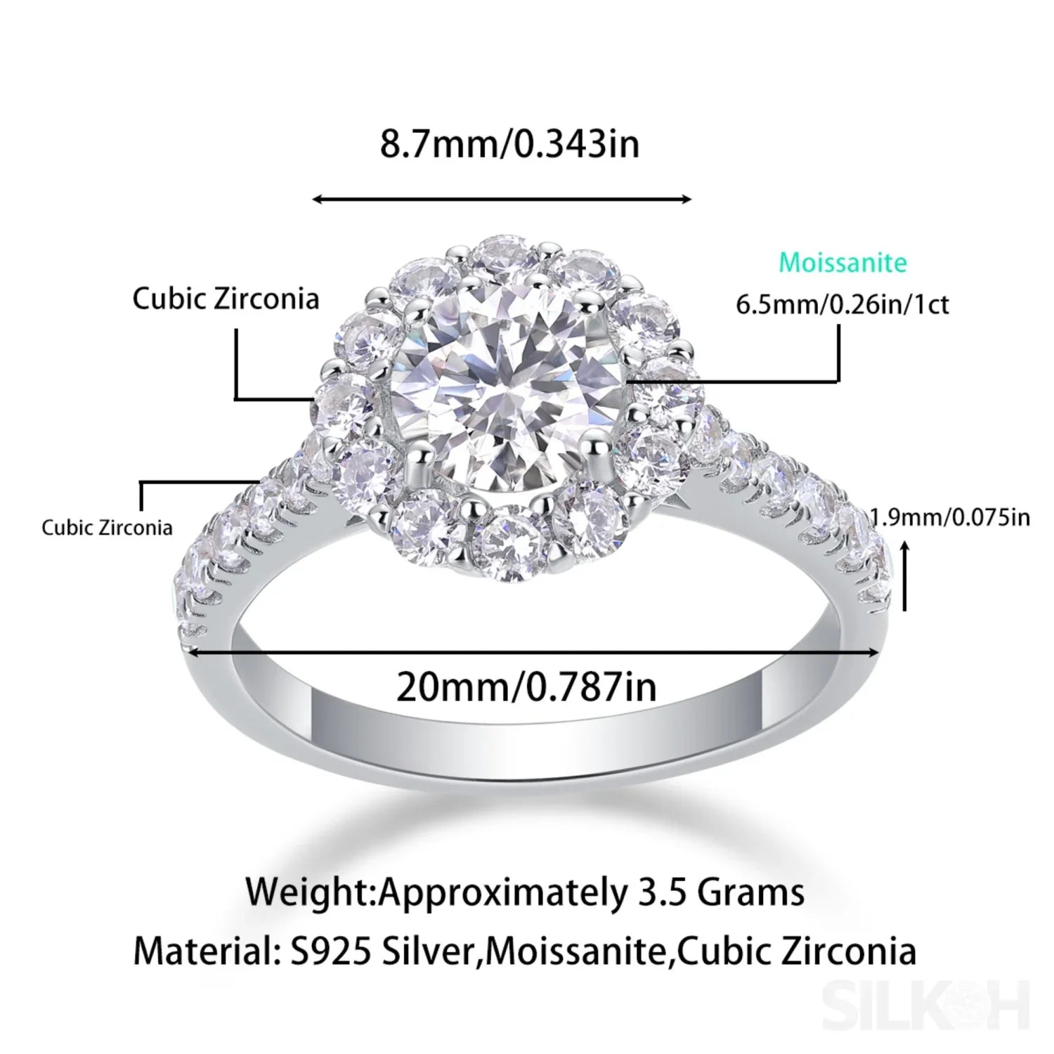 1 Ct Moissanite Sterling Silver Round Cut Halo Engagment Ring Ariella - Sassygrove
