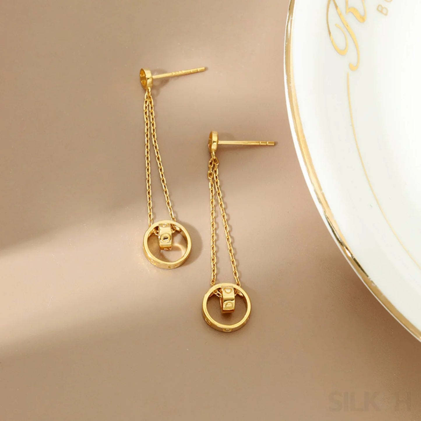 14K Gold Plated Sterling Silver Long Circle Stud Earrings Aaliyah - Sassygrove