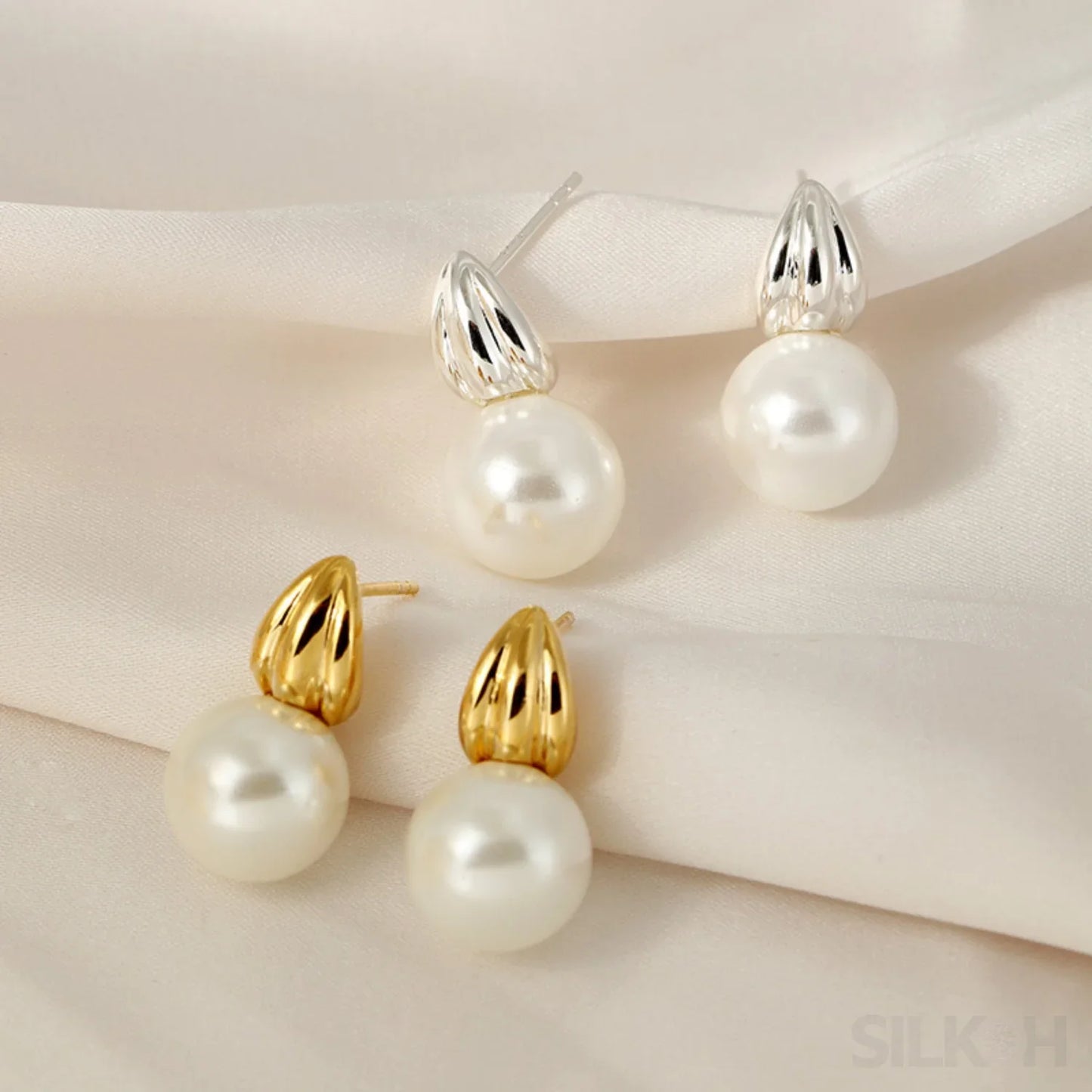 18K Gold Plated Sterling Silver Minimalist Pearl Stud Earrings Nan - Sassygrove