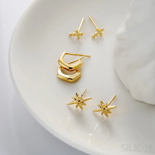 18K Gold Plated Sterling Silver Minimalist Stud Earrings Mae - Sassygrove