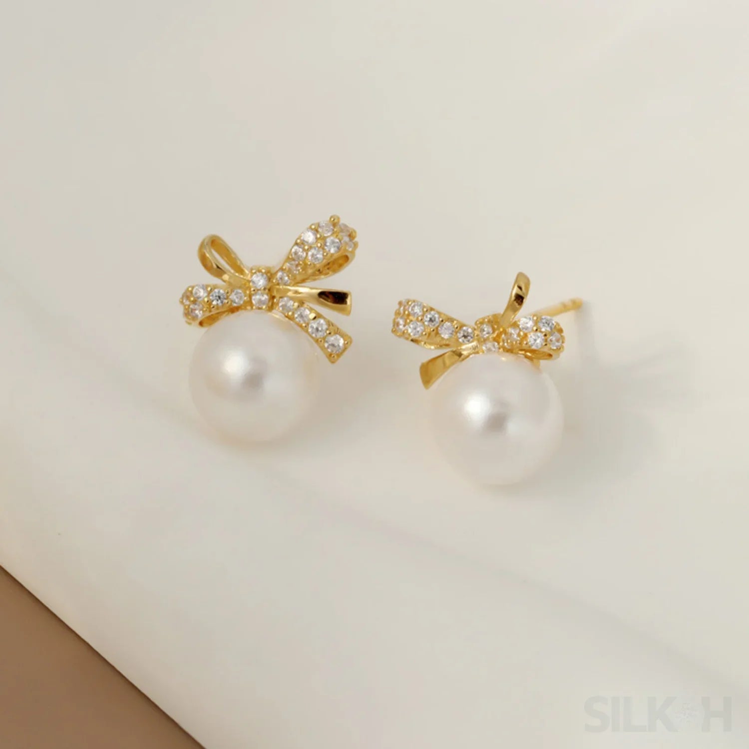 18K Gold Plated Sterling Silver Pearl Bow Earrings Pat - Sassygrove