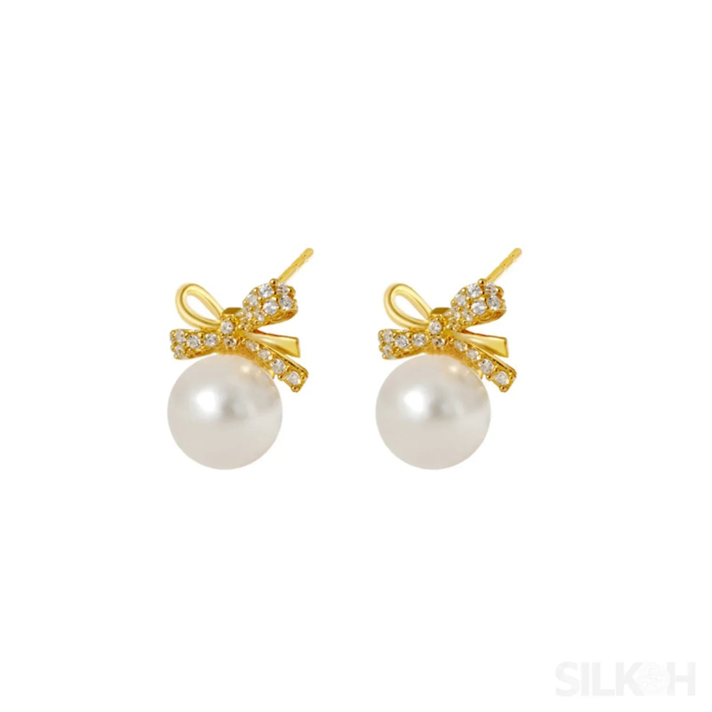 18K Gold Plated Sterling Silver Pearl Bow Earrings Pat - Sassygrove