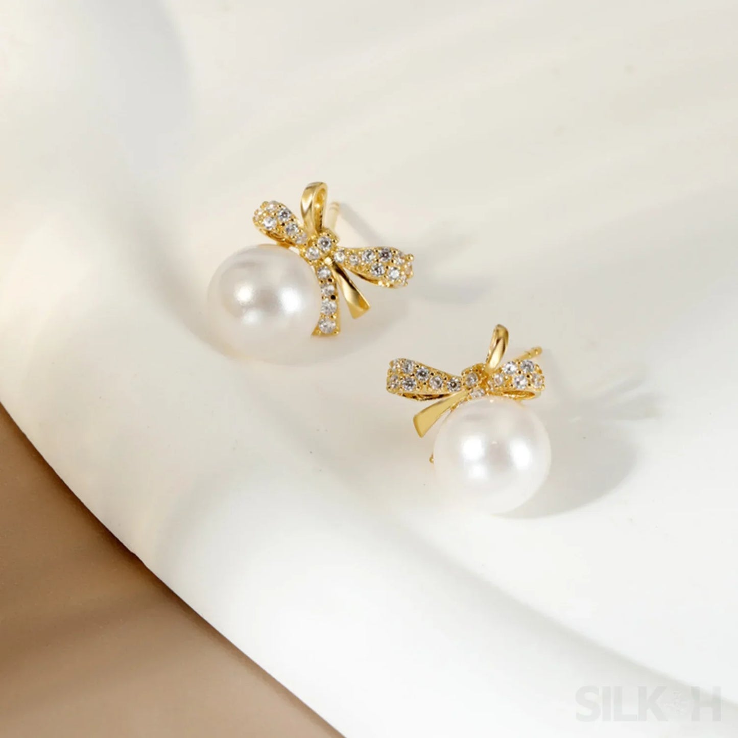 18K Gold Plated Sterling Silver Pearl Bow Earrings Pat - Sassygrove