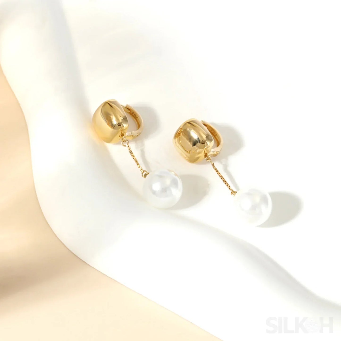 18K Gold Plated Sterling Silver Pearl Drop Hoop Earrings Rio - Sassygrove