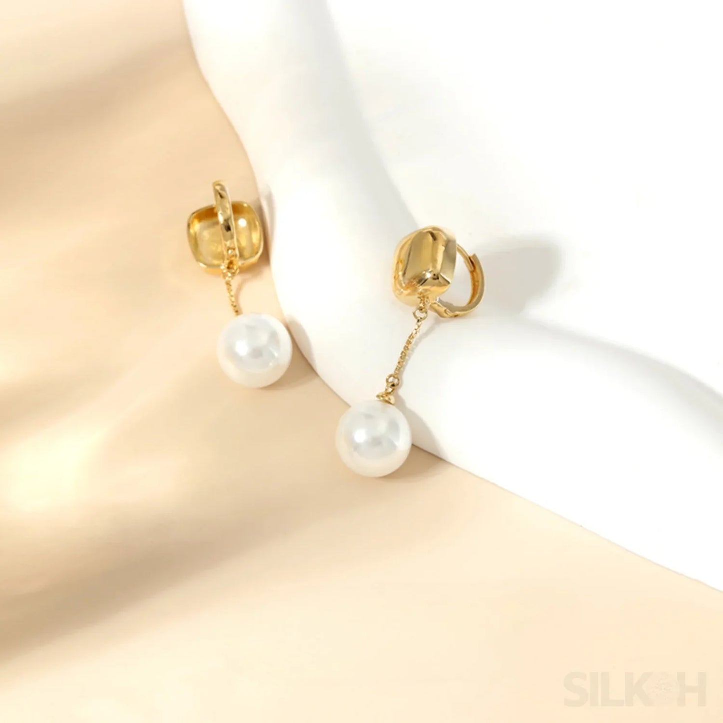 18K Gold Plated Sterling Silver Pearl Drop Hoop Earrings Rio - Sassygrove