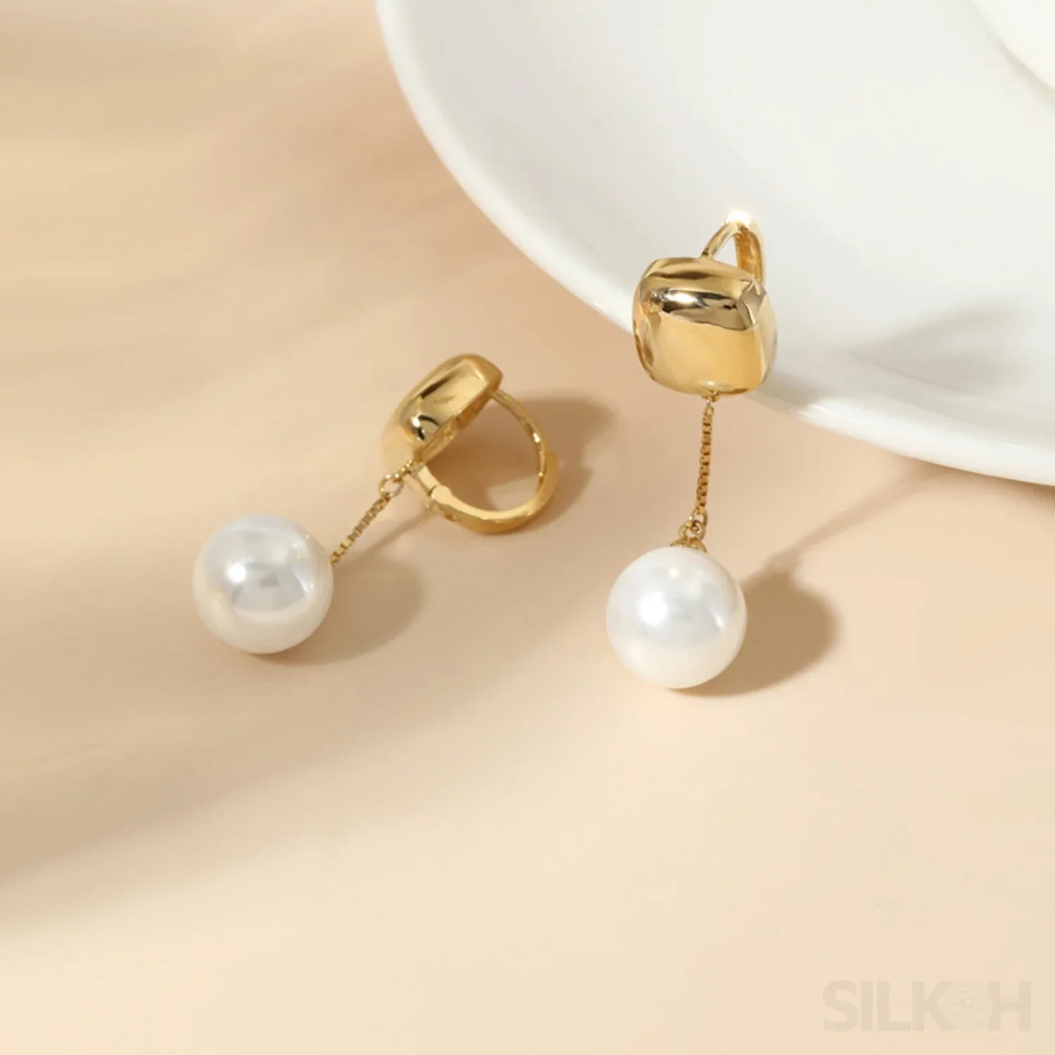 18K Gold Plated Sterling Silver Pearl Drop Hoop Earrings Rio - Sassygrove