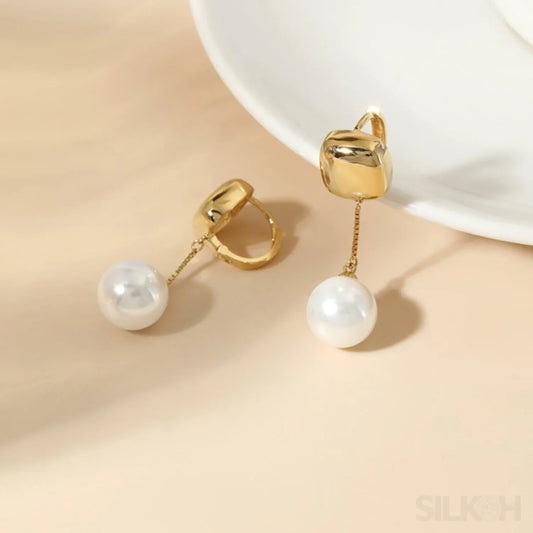 18K Gold Plated Sterling Silver Pearl Drop Hoop Earrings Rio - Sassygrove