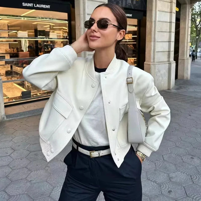 Woman Bomber Jacket-Beige - Sassygrove