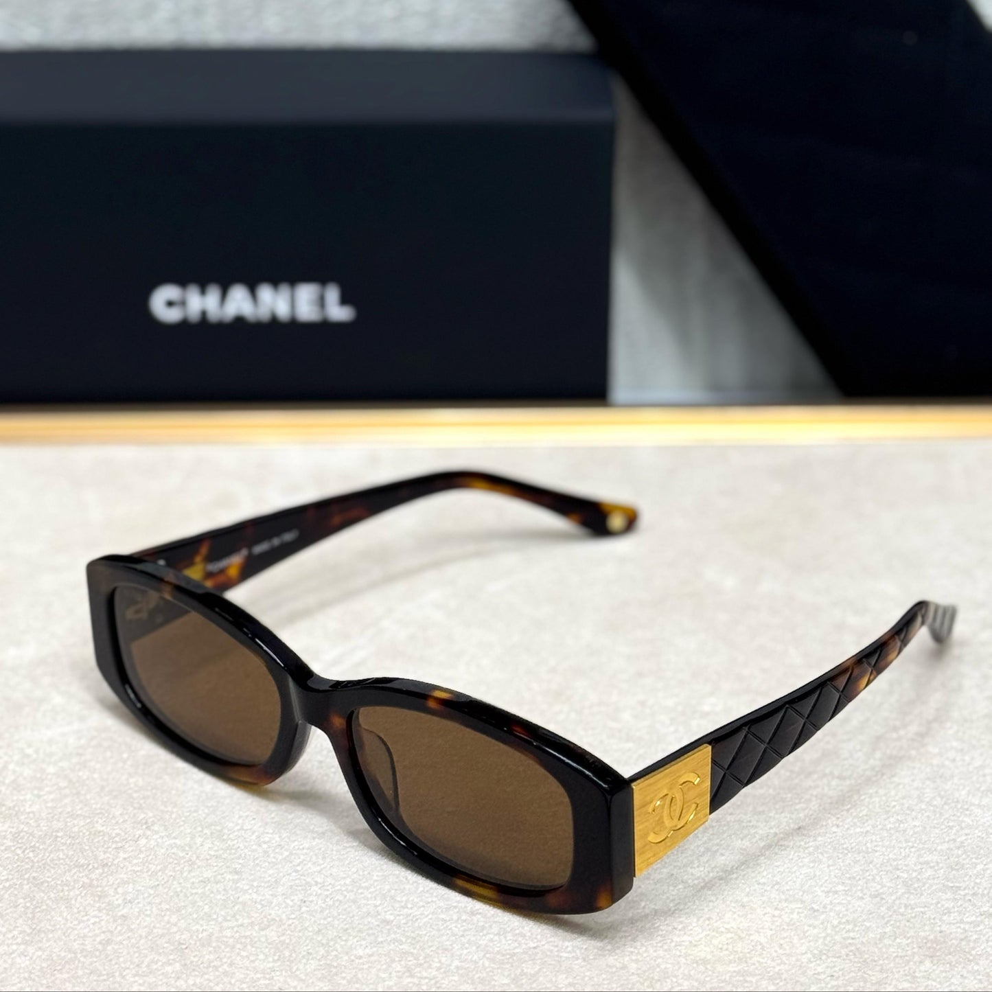 Chanel Quilted Gold-Accent Rectangular Sunglasses - Sassygrove