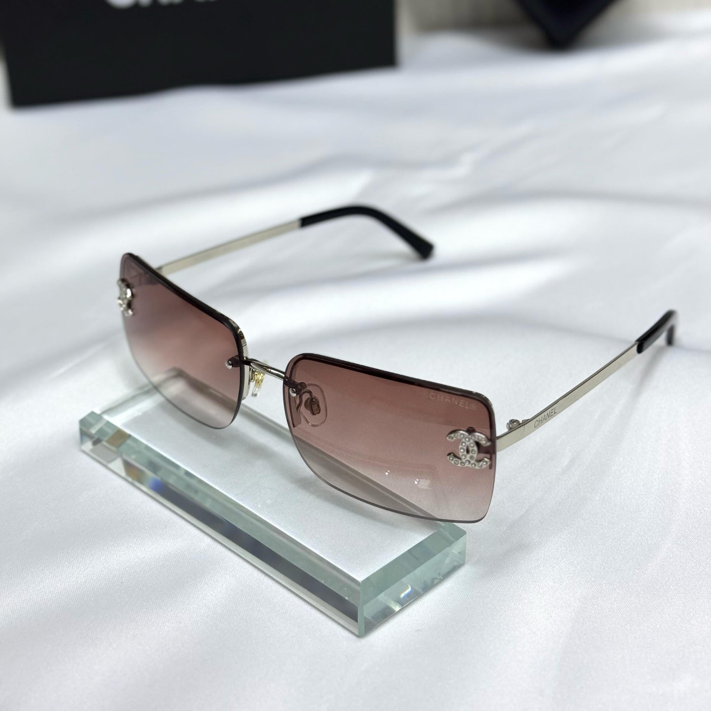Chanel Rimless Rectangular Gradient Sunglasses with CC Logo - Sassygrove