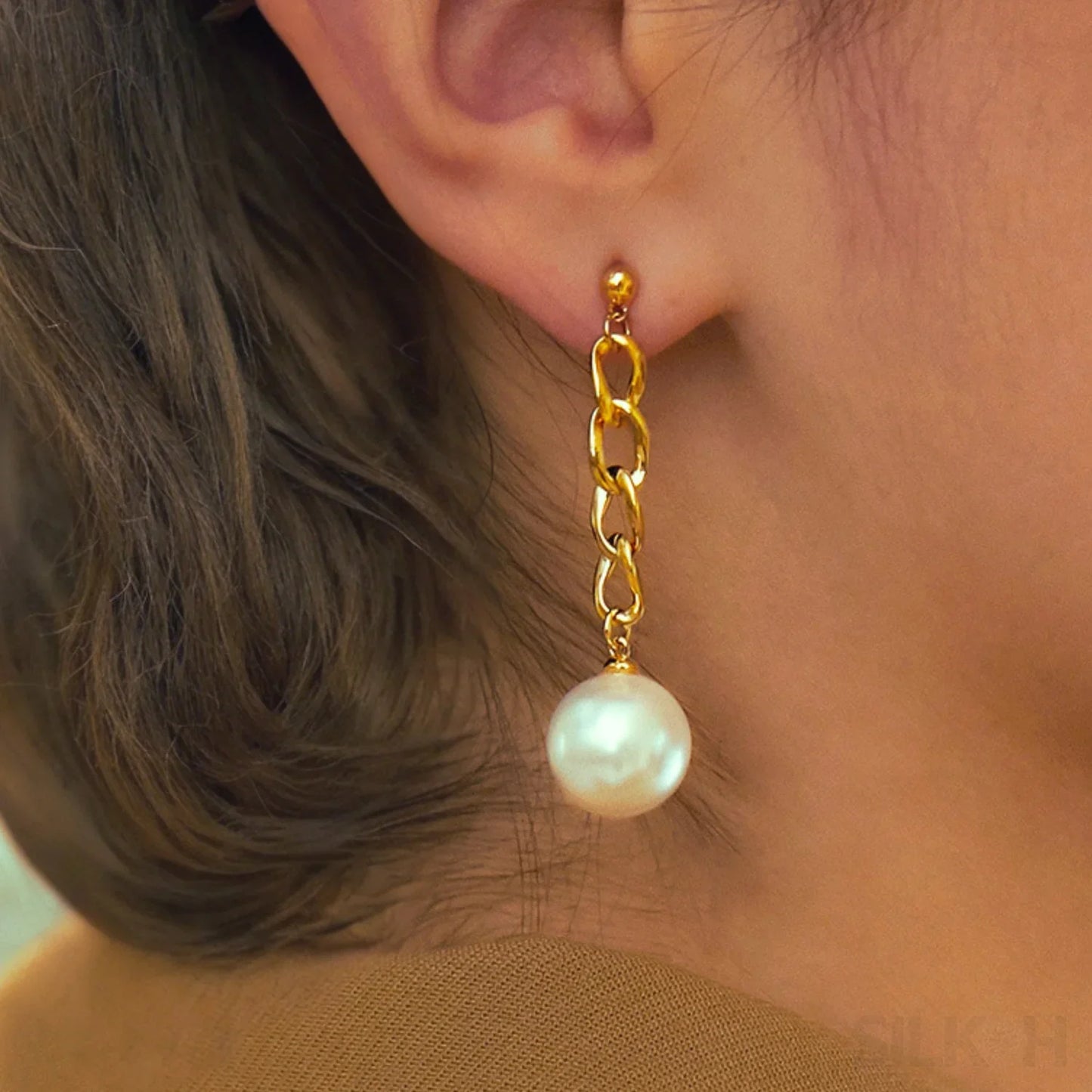 Chain Links 14K Gold Plated Sterling Silver Pearl Dangle Earrings Luz - Sassygrove