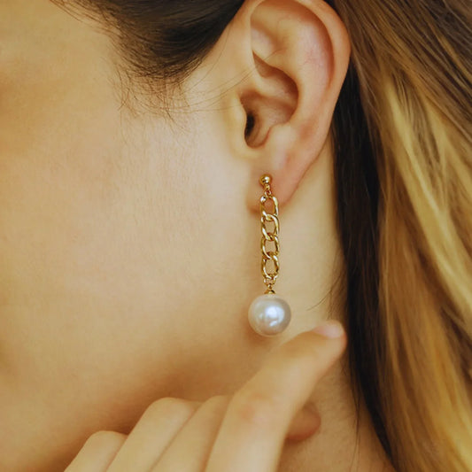 Chain Links 14K Gold Plated Sterling Silver Pearl Dangle Earrings Luz - Sassygrove