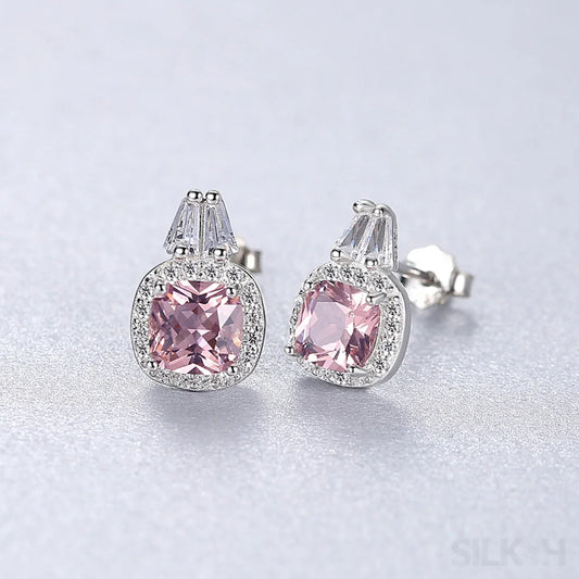 Cushion Cut Sterling Silver Pink Morganite Studs Earrings Allison - Sassygrove