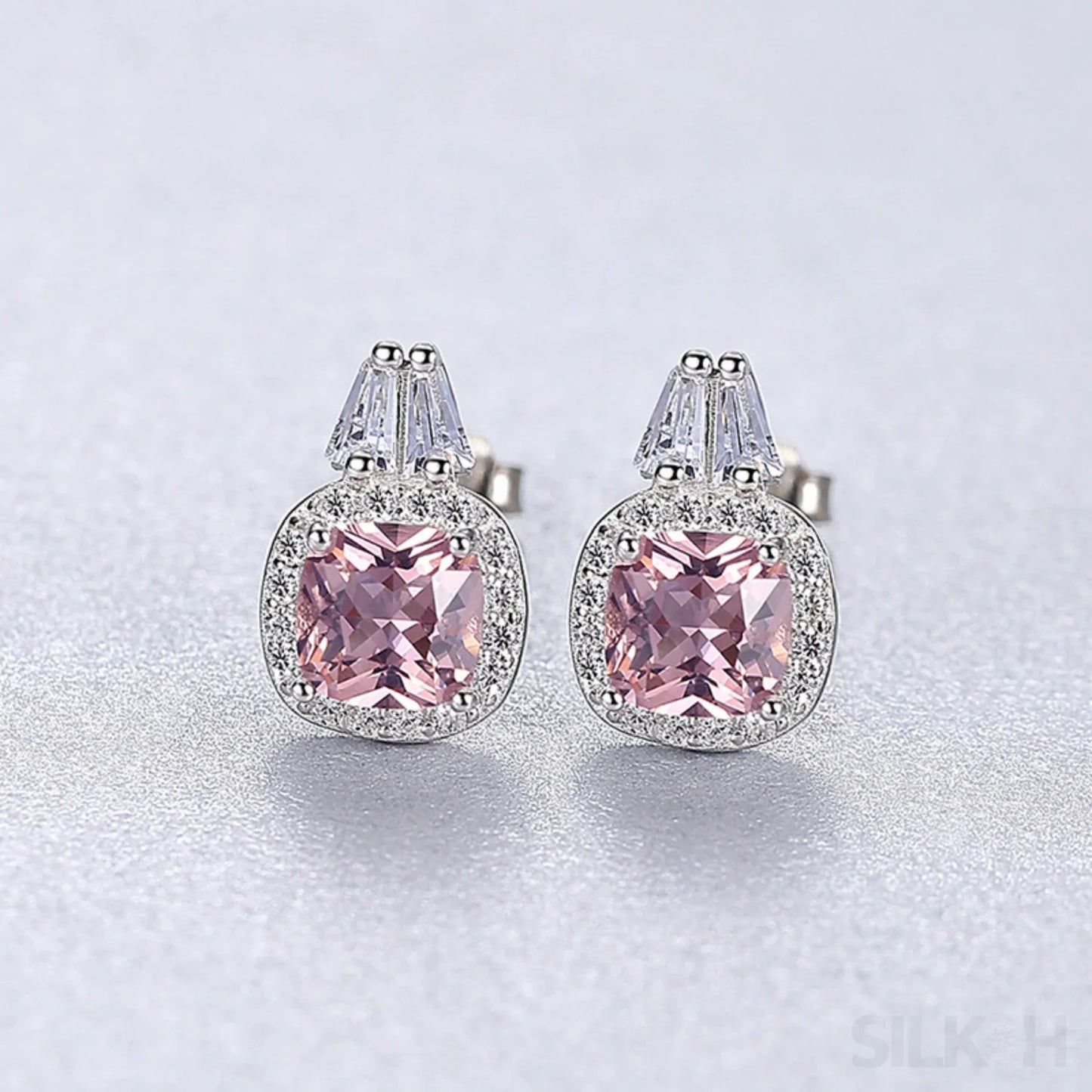 Cushion Cut Sterling Silver Pink Morganite Studs Earrings Allison - Sassygrove