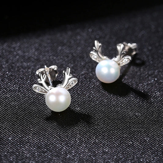 Cute Deer Sterling Silver Natural Pearl Stud Earrings Cam - Sassygrove