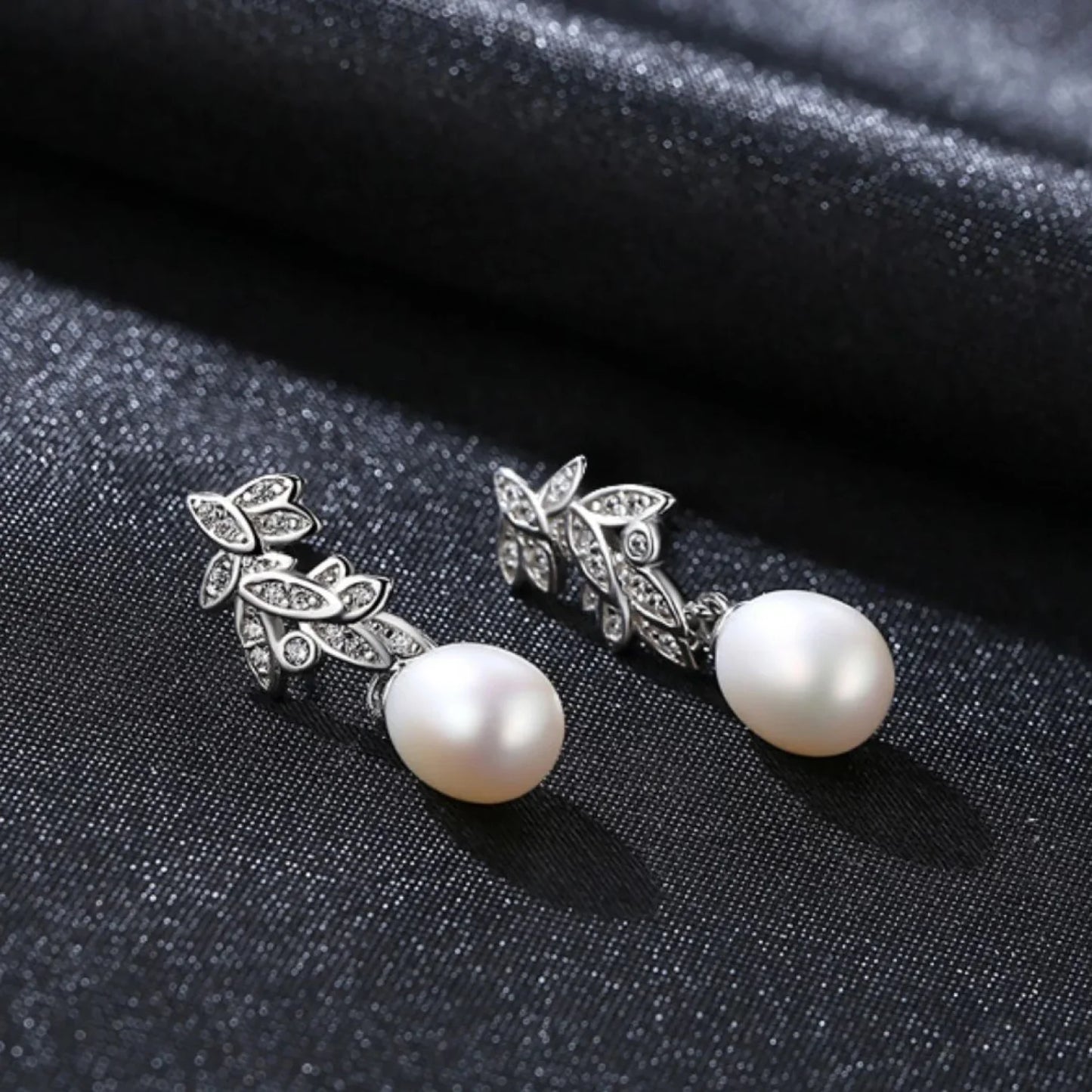 CZ Leaves Sterling Silver Pearl Dangling Earrings Cal - Sassygrove
