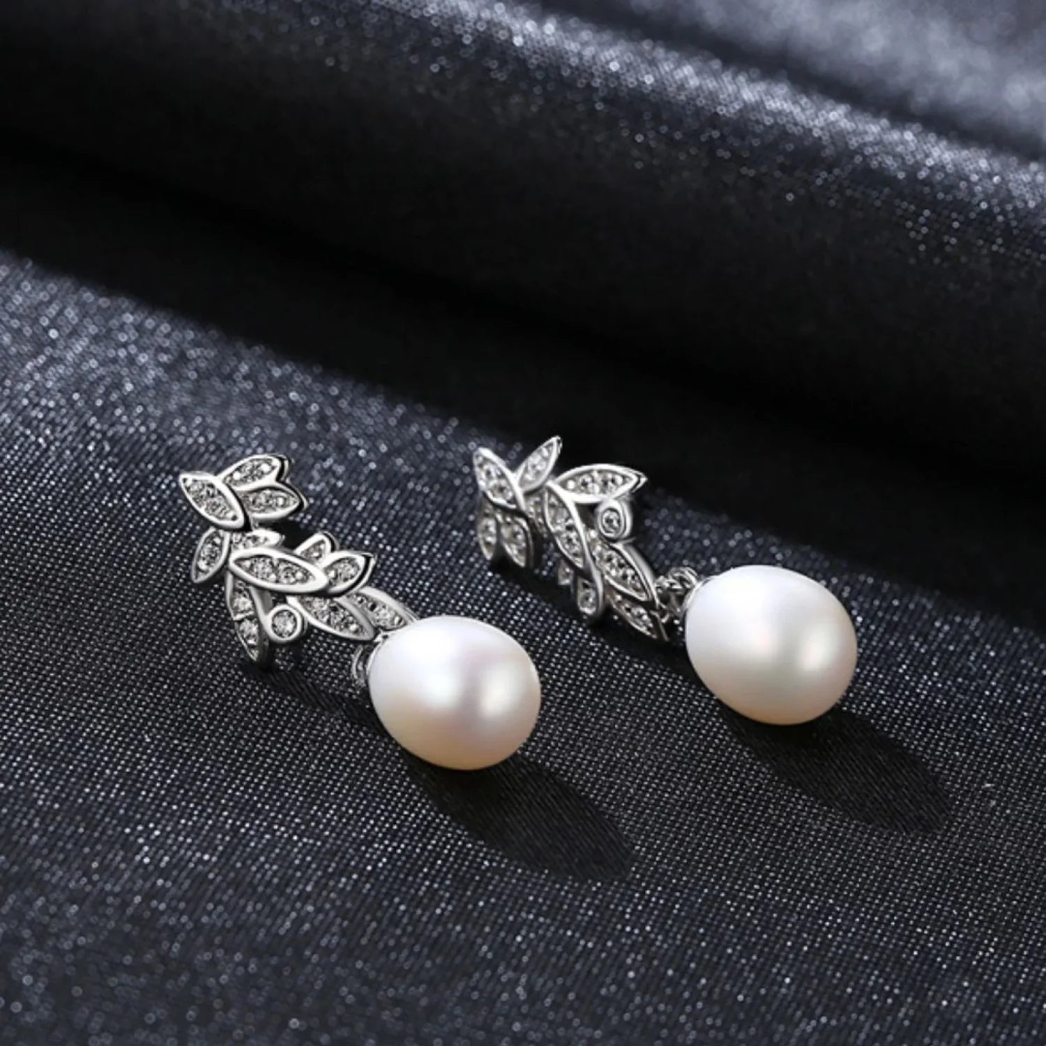 CZ Leaves Sterling Silver Pearl Dangling Earrings Cal - Sassygrove