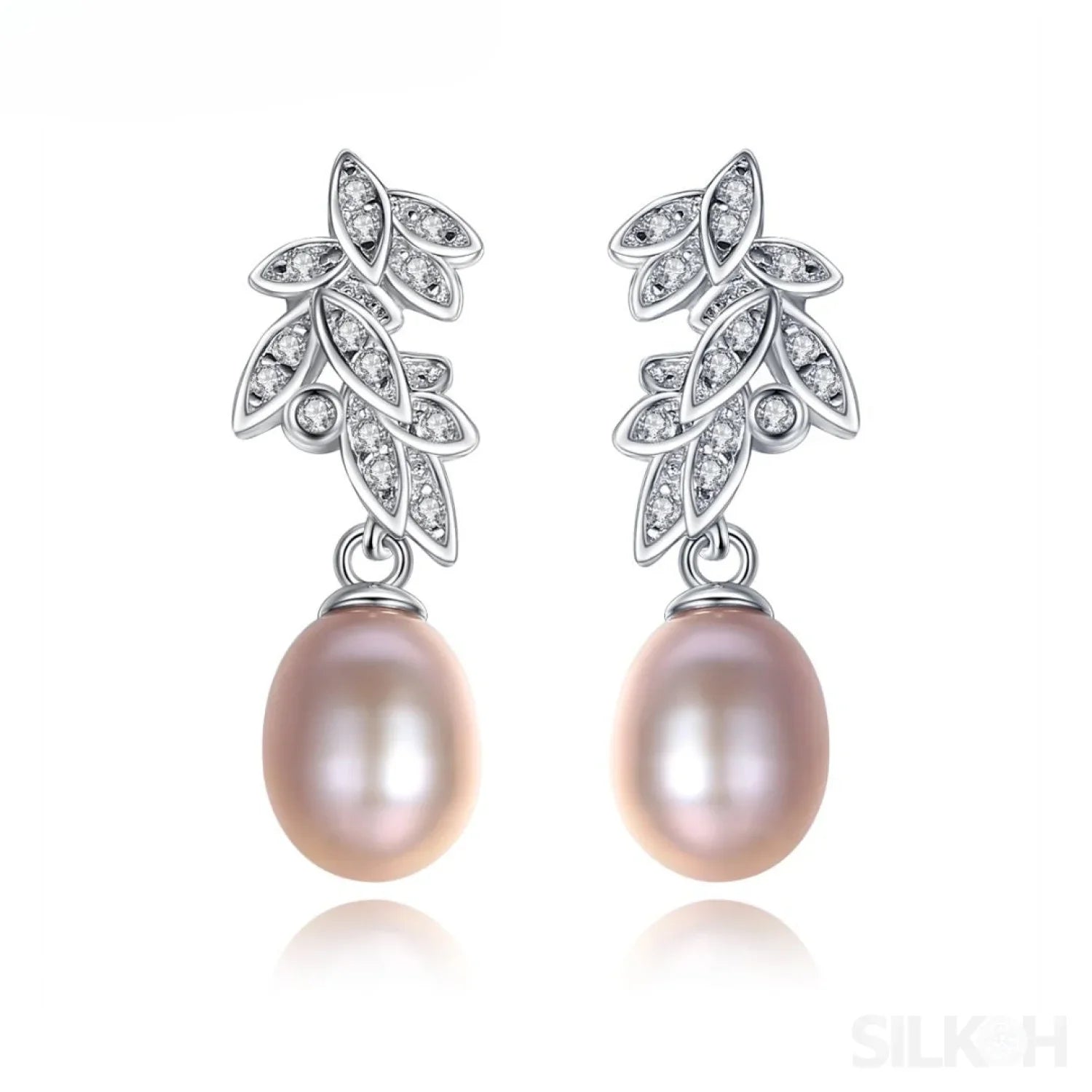 CZ Leaves Sterling Silver Pearl Dangling Earrings Cal - Sassygrove