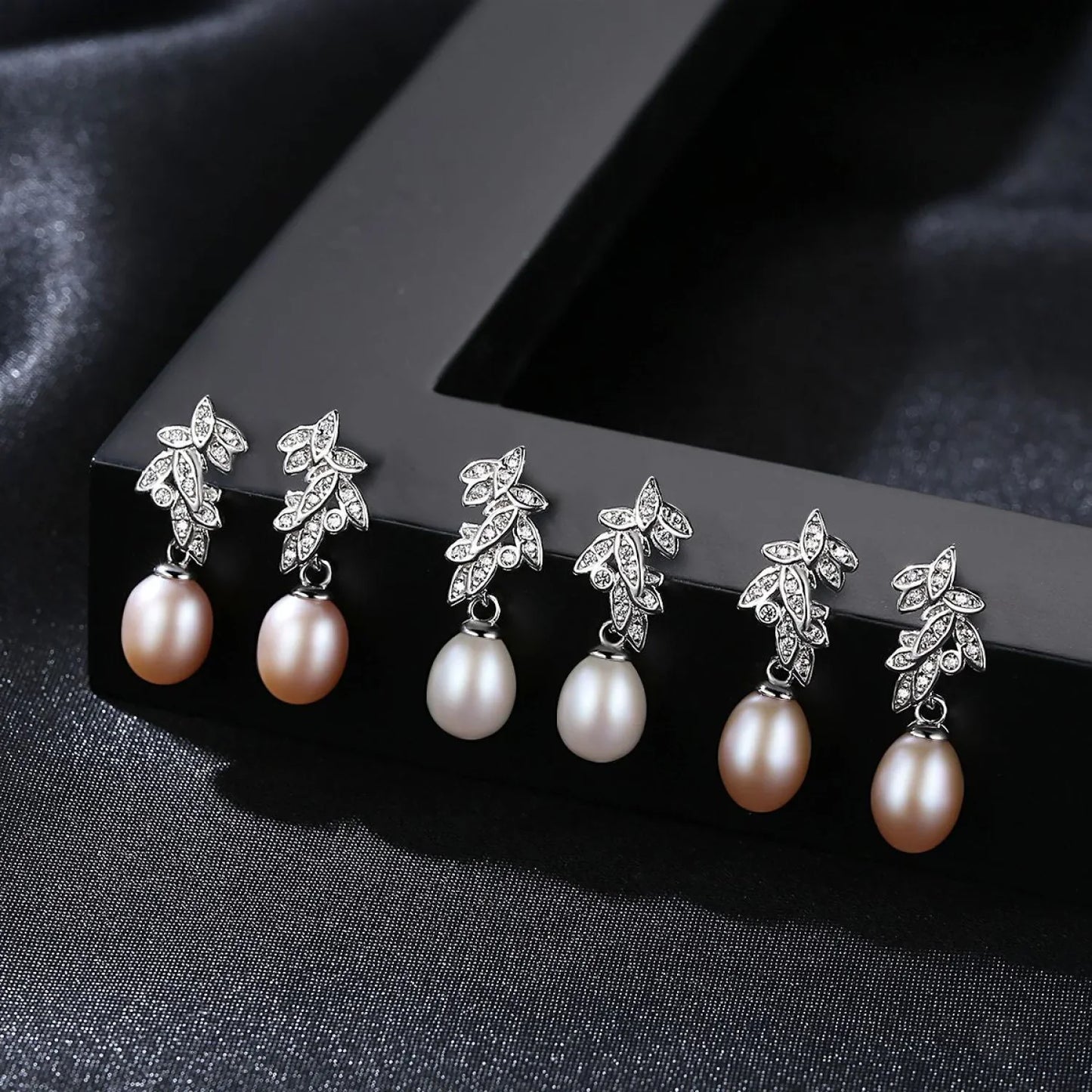 CZ Leaves Sterling Silver Pearl Dangling Earrings Cal - Sassygrove