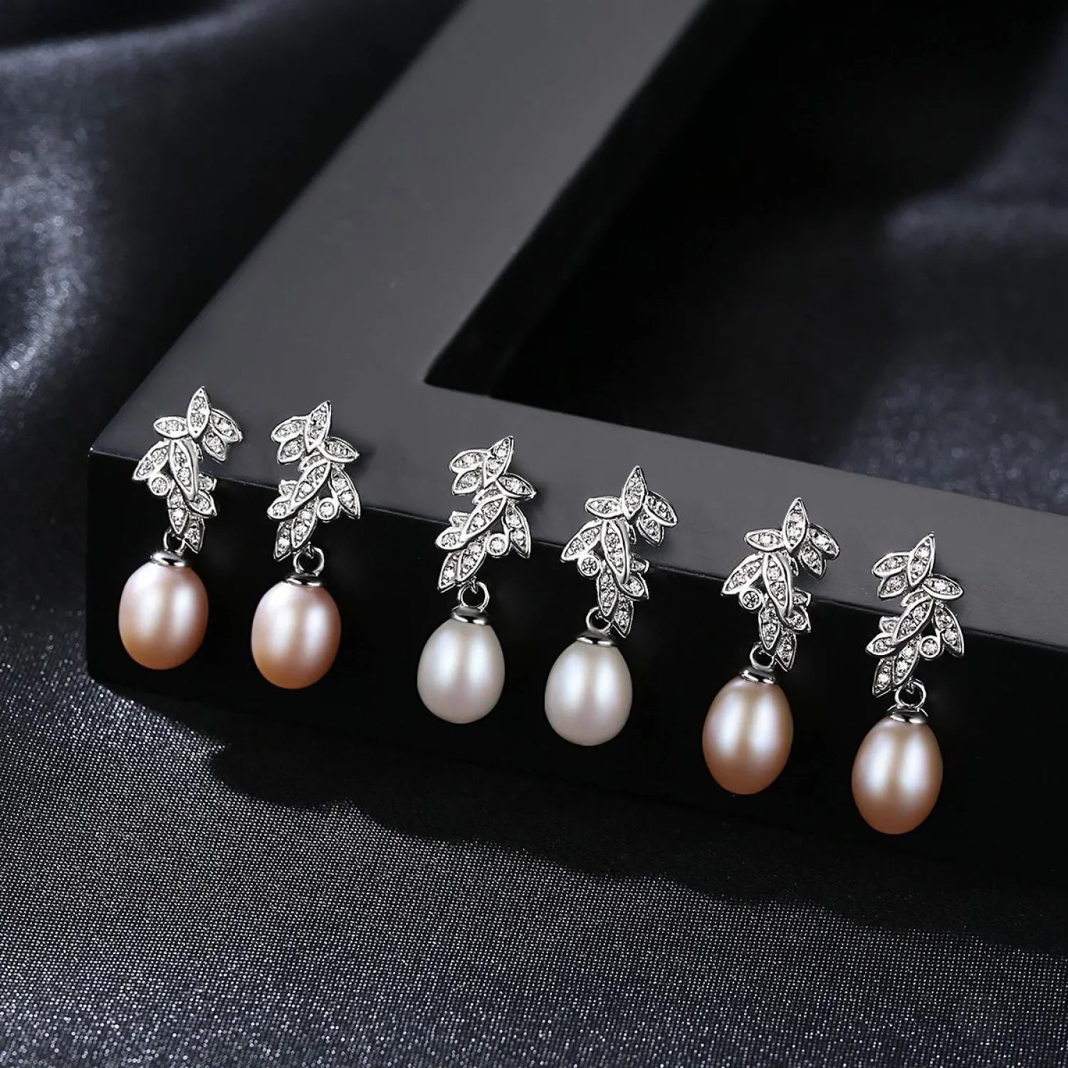 CZ Leaves Sterling Silver Pearl Dangling Earrings Cal - Sassygrove