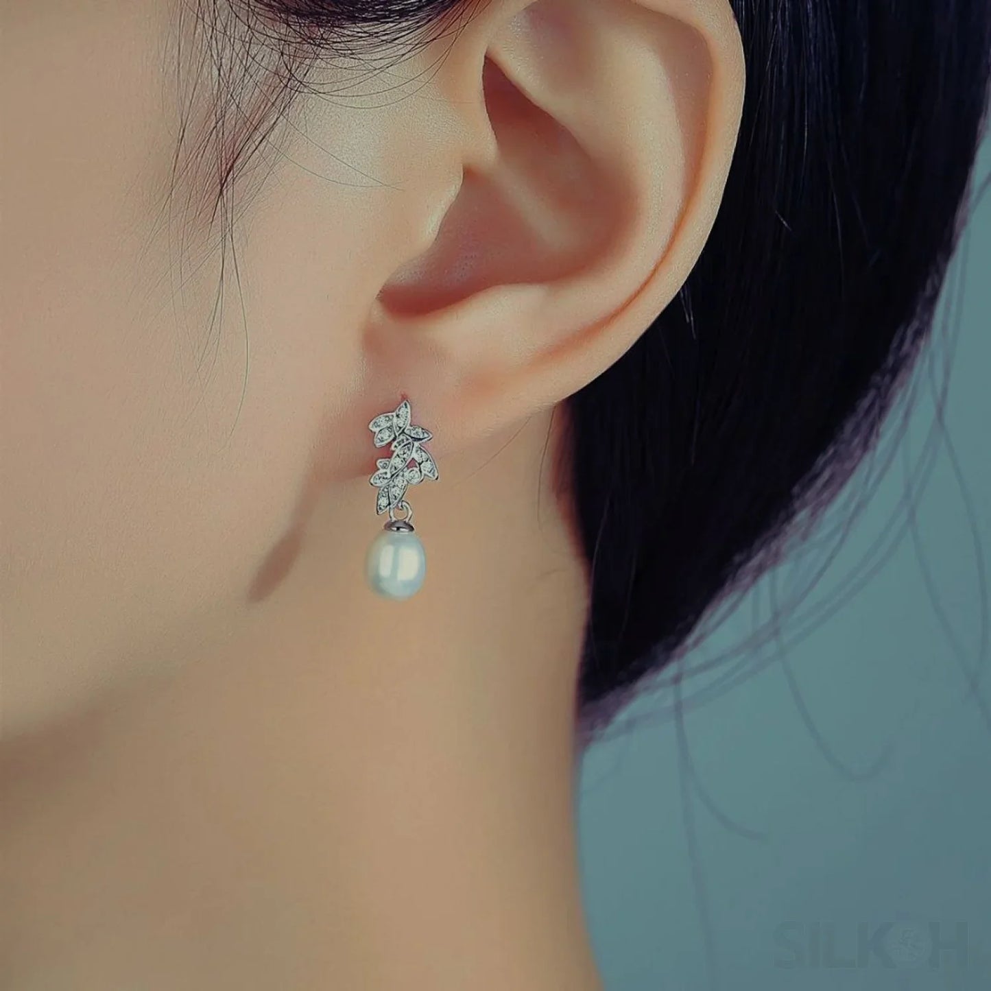 CZ Leaves Sterling Silver Pearl Dangling Earrings Cal - Sassygrove