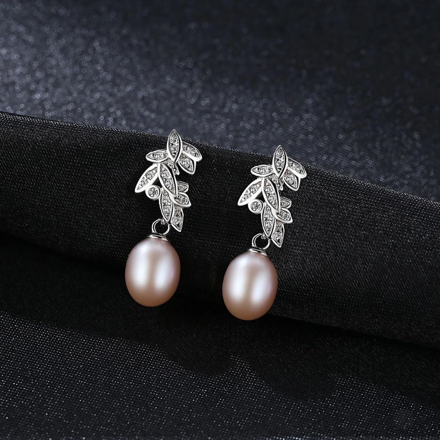 CZ Leaves Sterling Silver Pearl Dangling Earrings Cal - Sassygrove