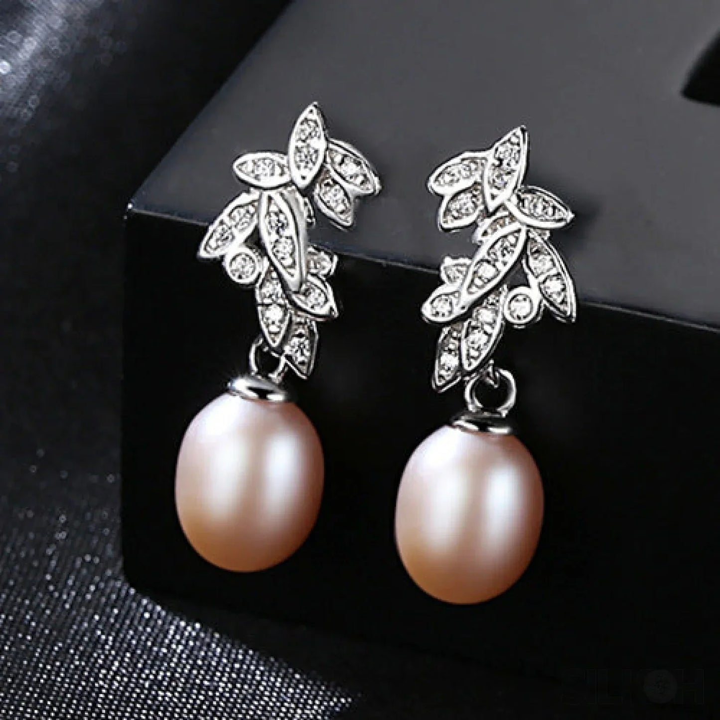 CZ Leaves Sterling Silver Pearl Dangling Earrings Cal - Sassygrove