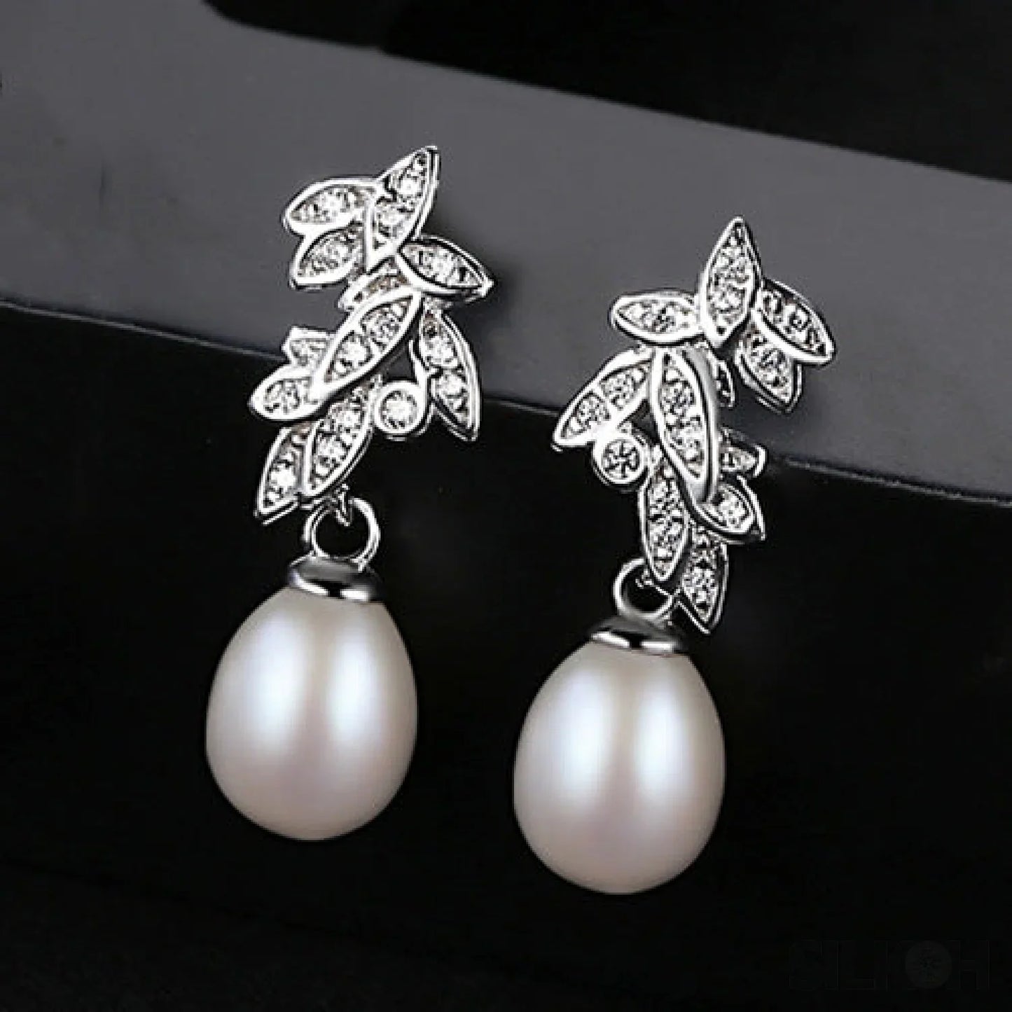 CZ Leaves Sterling Silver Pearl Dangling Earrings Cal - Sassygrove