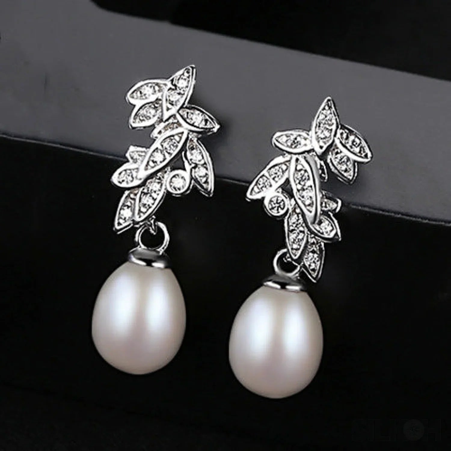 CZ Leaves Sterling Silver Pearl Dangling Earrings Cal - Sassygrove