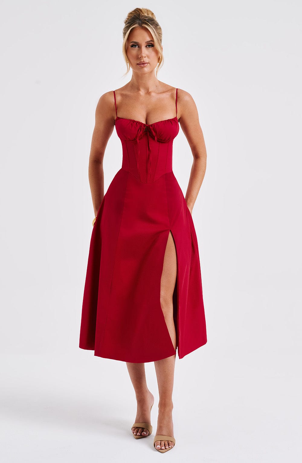 Delilah Midi Dress - Red - Sassygrove