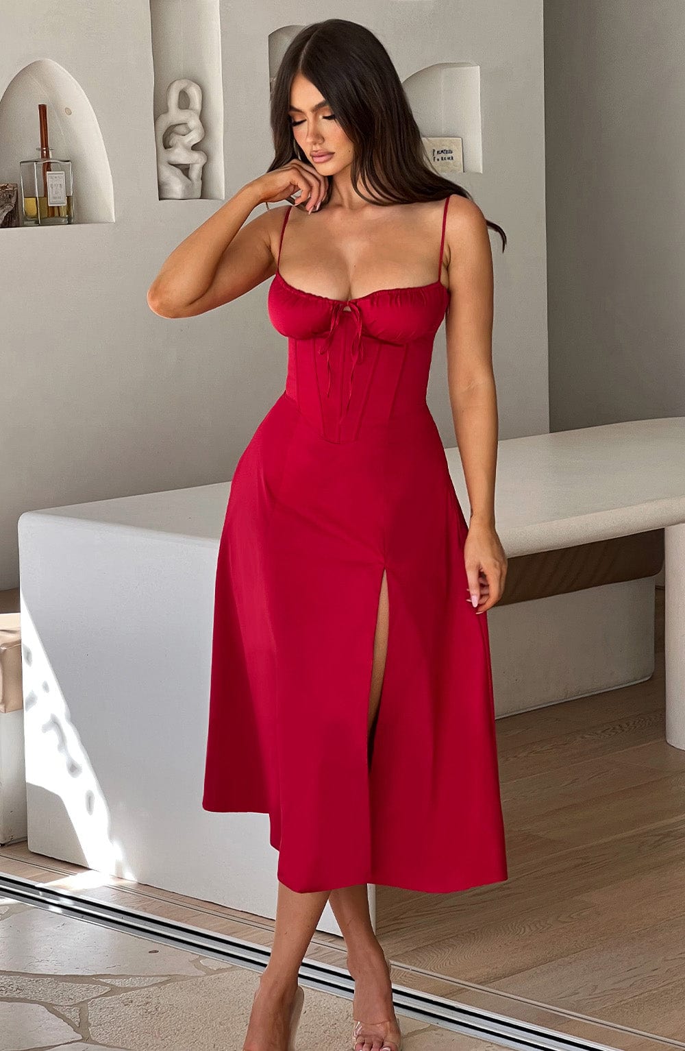 Delilah Midi Dress - Red - Sassygrove