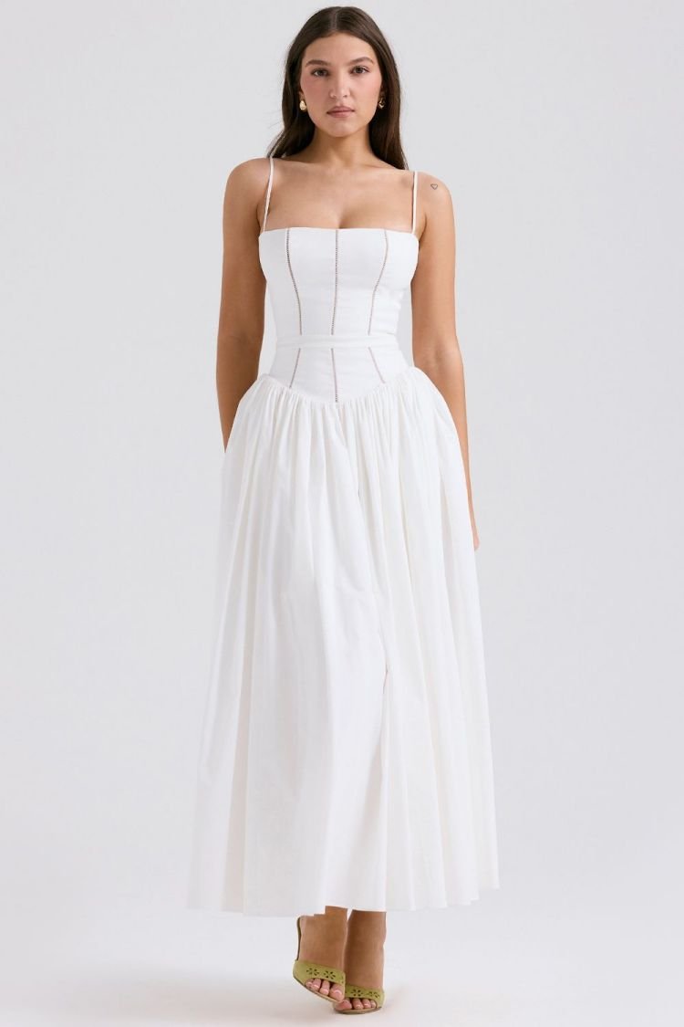 Margaret White Cotton Midi Sundress - Sassygrove