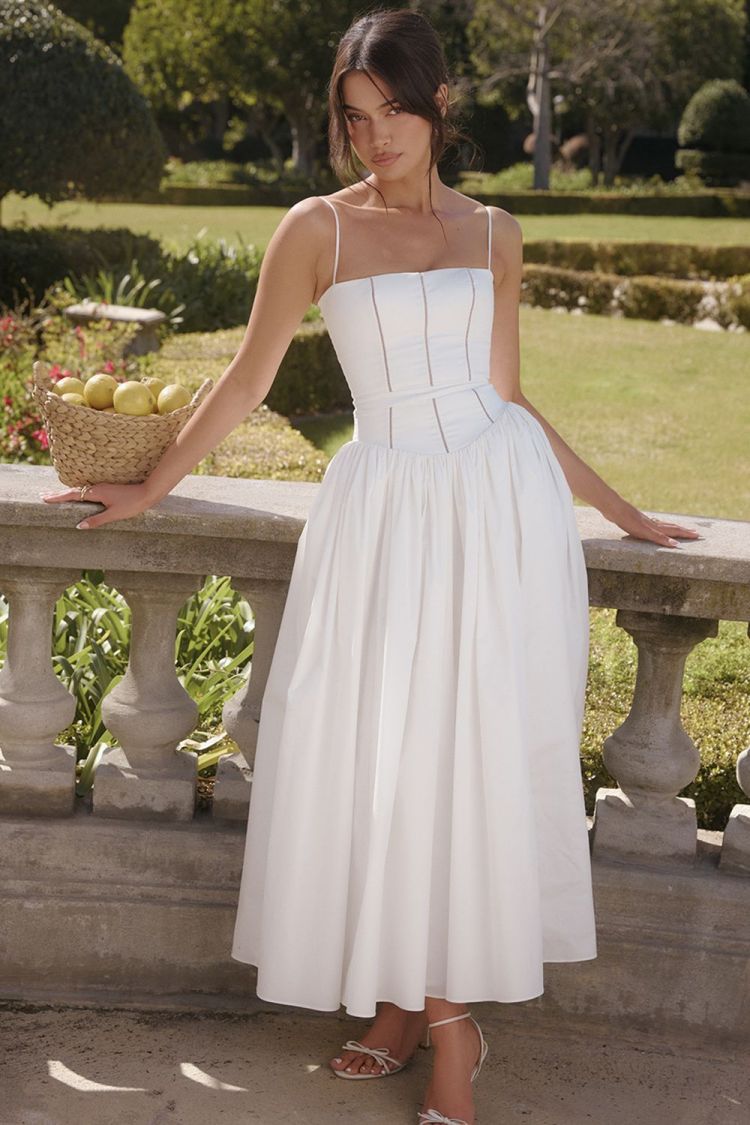 Margaret White Cotton Midi Sundress - Sassygrove
