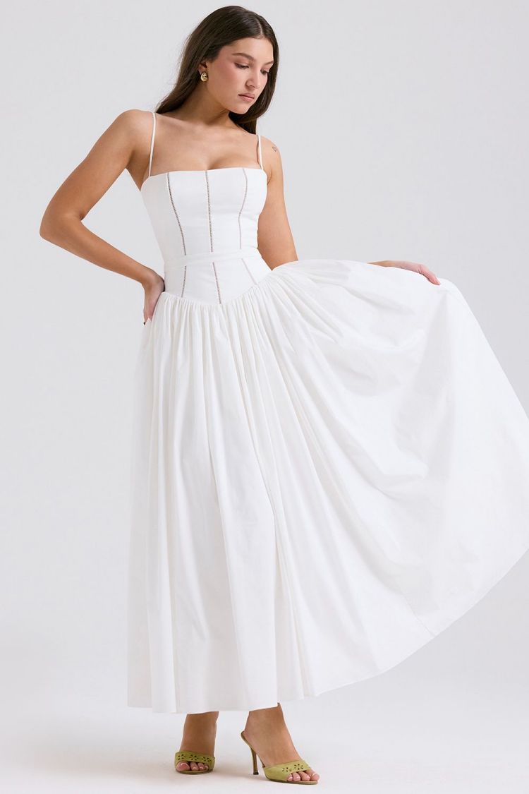 Margaret White Cotton Midi Sundress - Sassygrove