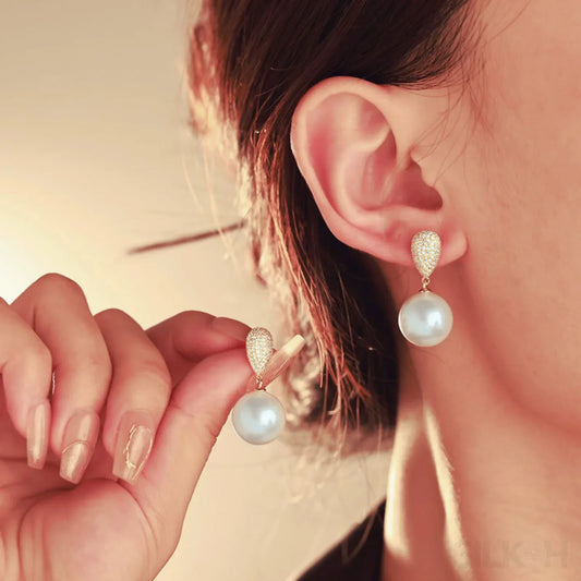 Micropaved Zircon Sterling Silver Pearl Stud Earrings Alina - Sassygrove