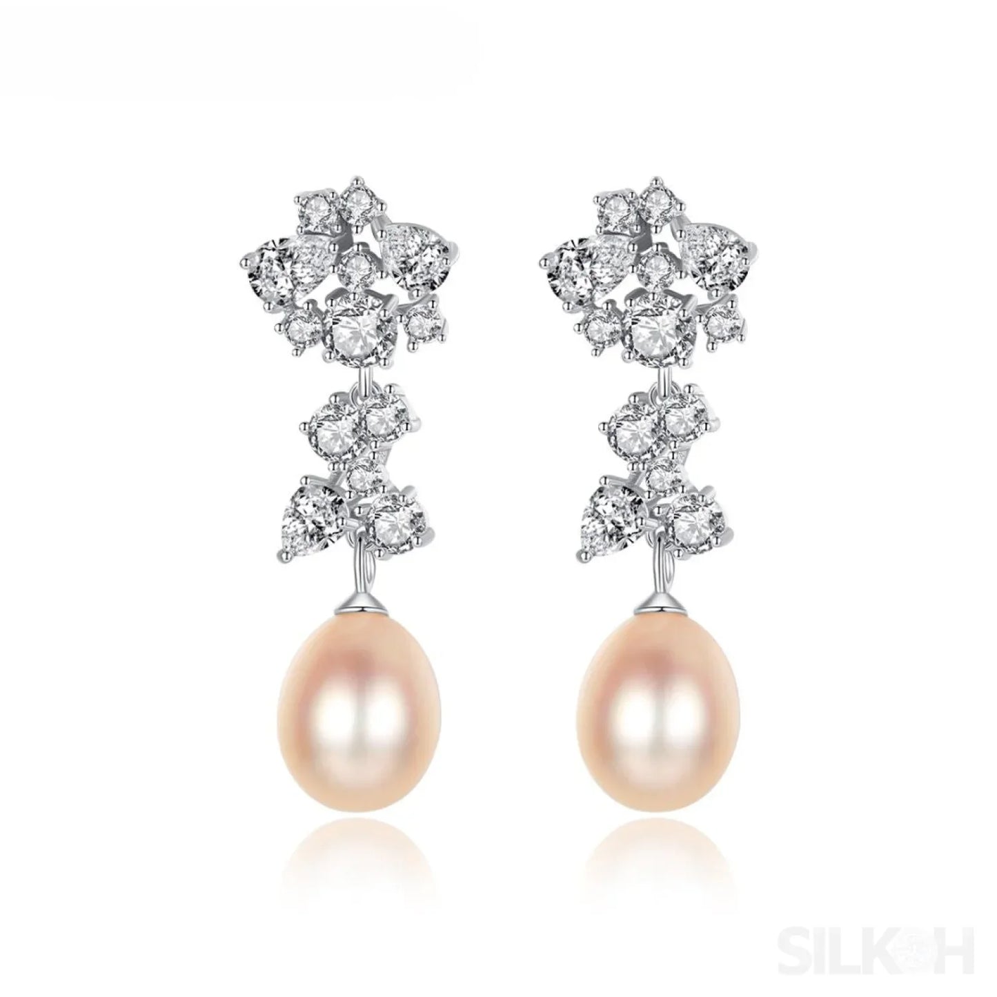 Oval Sterling Silver Long Pearl Drop Earrings For Brides and Bridesmaids Bea - Sassygrove