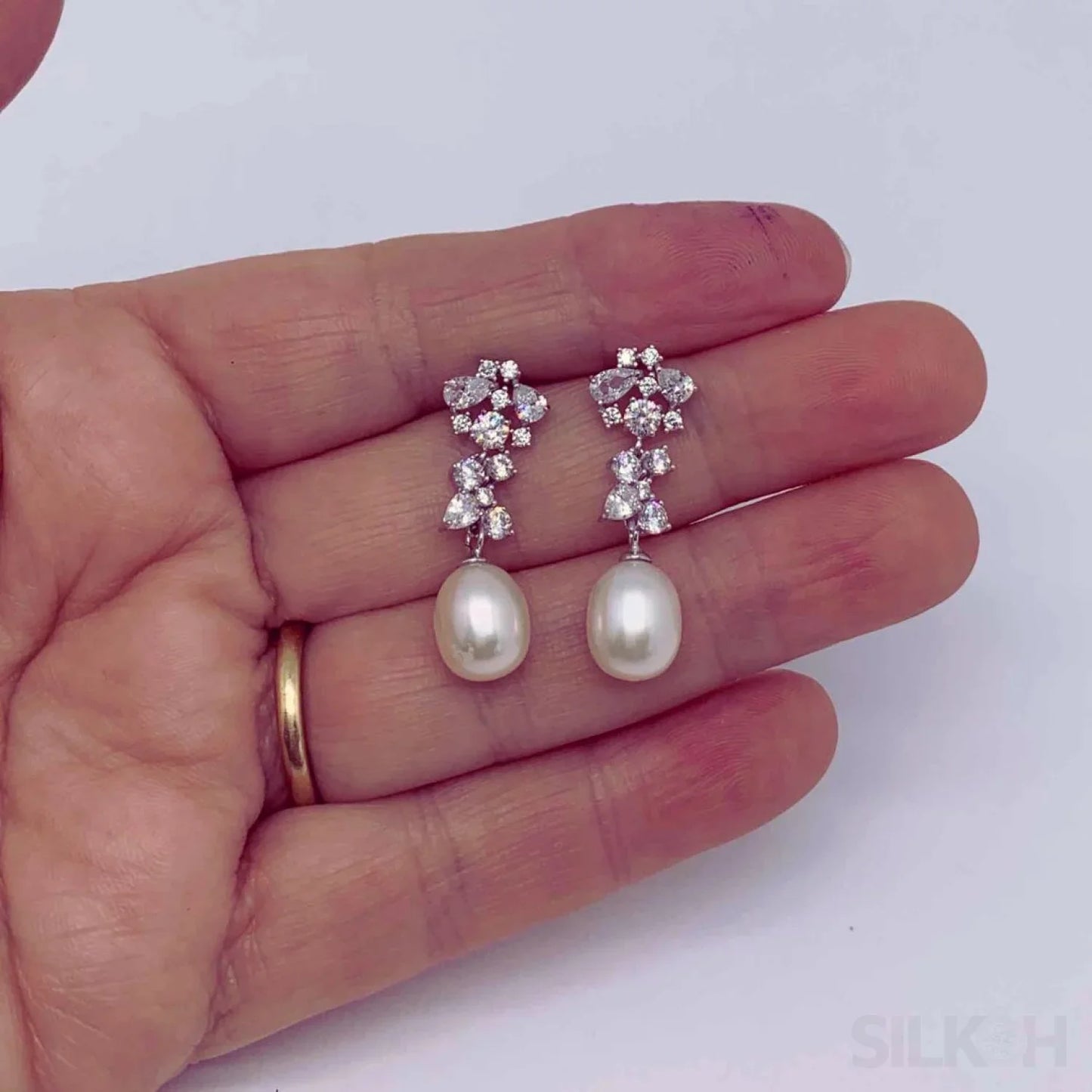 Oval Sterling Silver Long Pearl Drop Earrings For Brides and Bridesmaids Bea - Sassygrove
