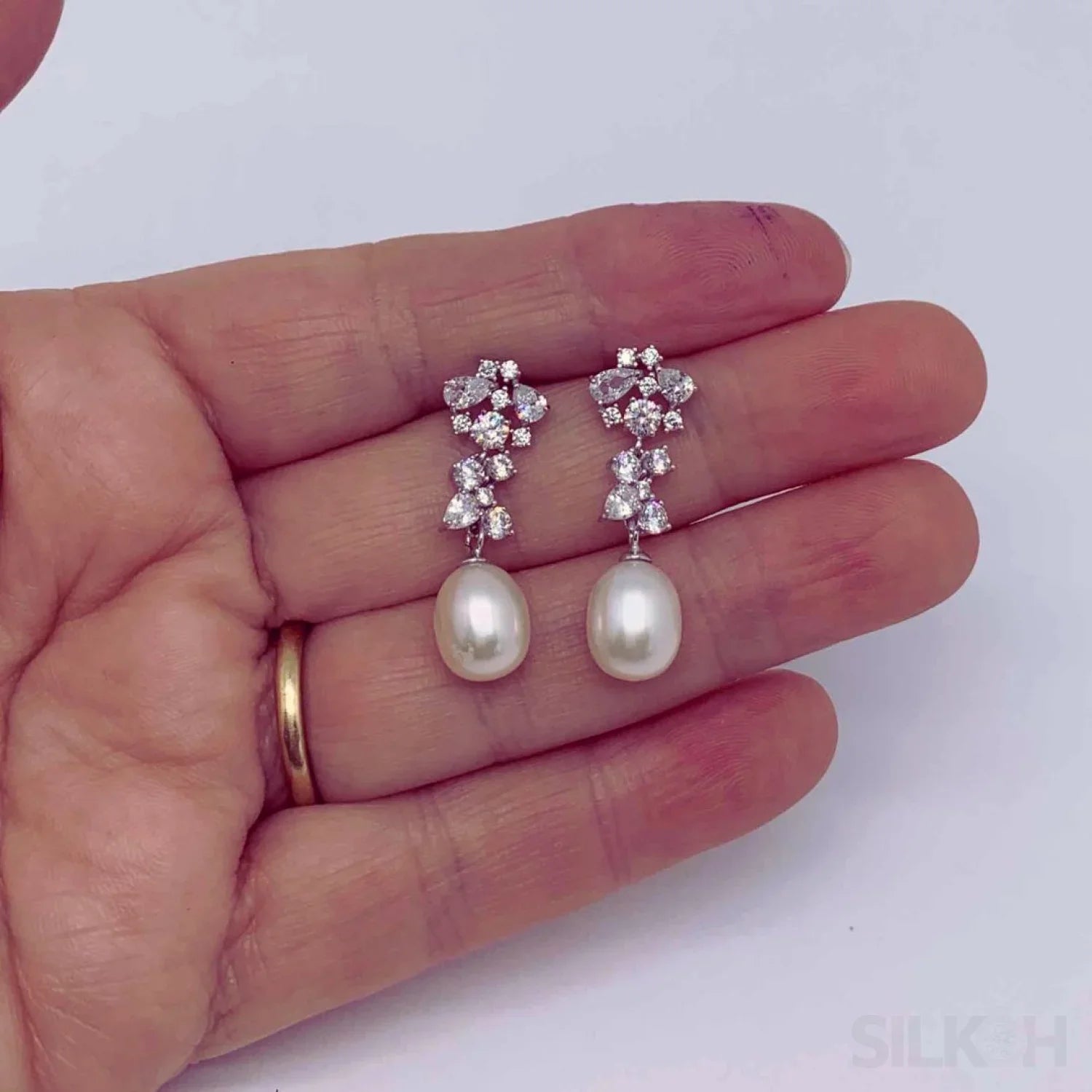 Oval Sterling Silver Long Pearl Drop Earrings For Brides and Bridesmaids Bea - Sassygrove