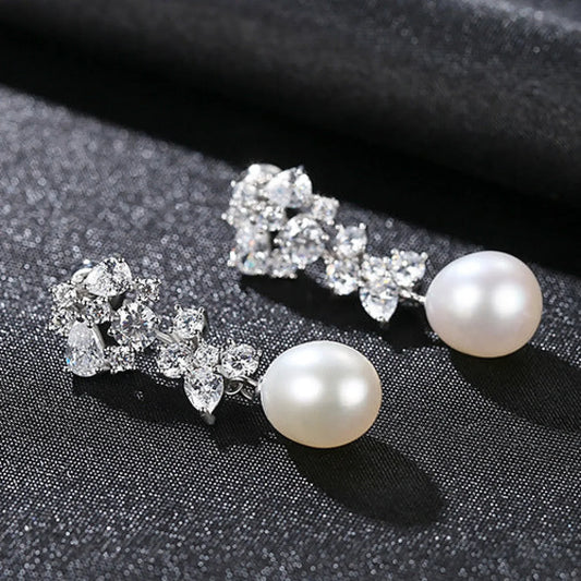 Oval Sterling Silver Long Pearl Drop Earrings For Brides and Bridesmaids Bea - Sassygrove