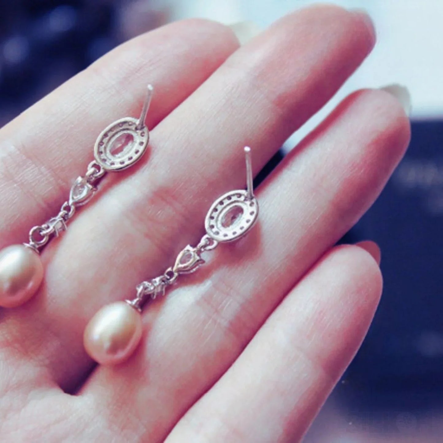 Oval Sterling Silver Long Pearl Earrings For brides and Bridesmaids Amy - Sassygrove