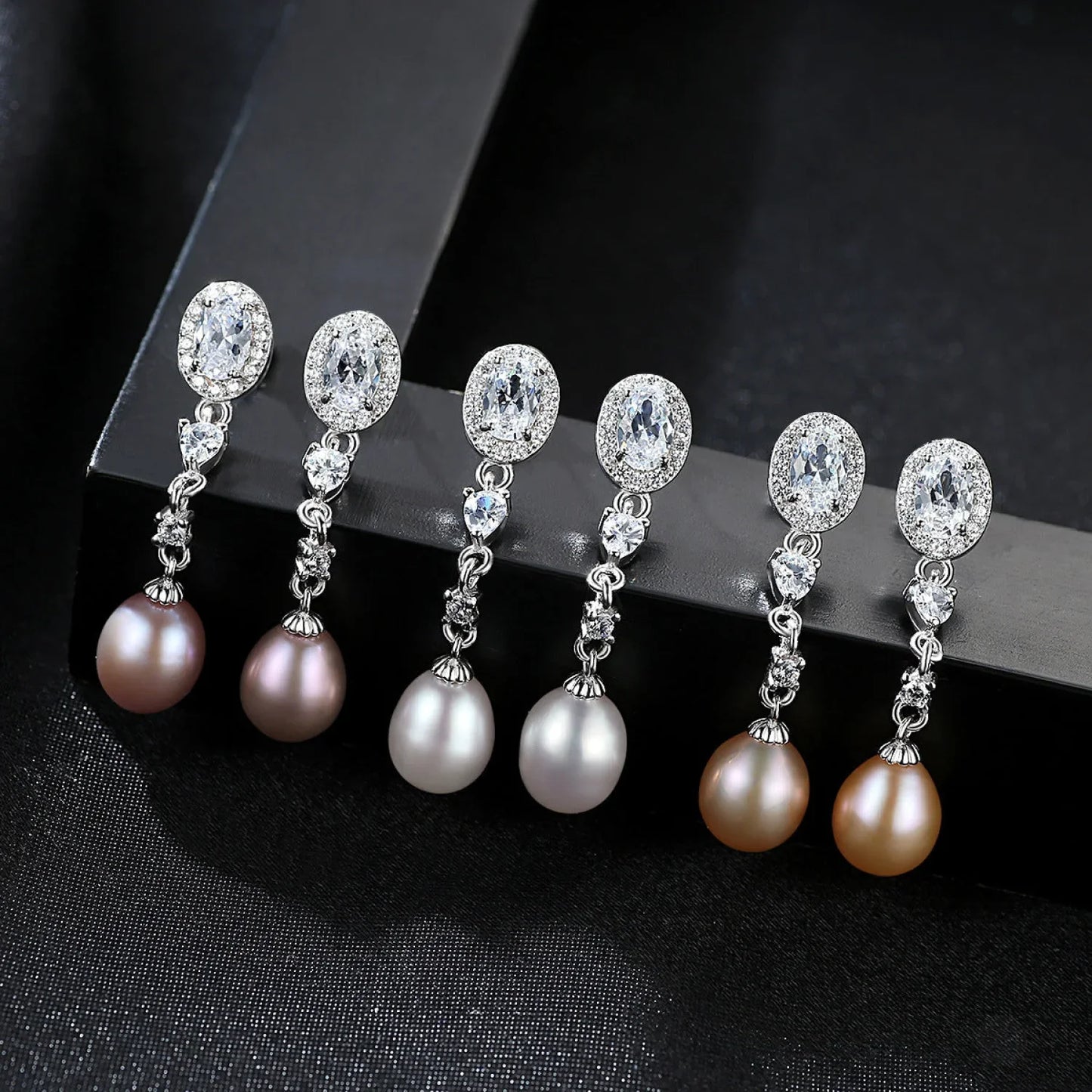 Oval Sterling Silver Long Pearl Earrings For brides and Bridesmaids Amy - Sassygrove