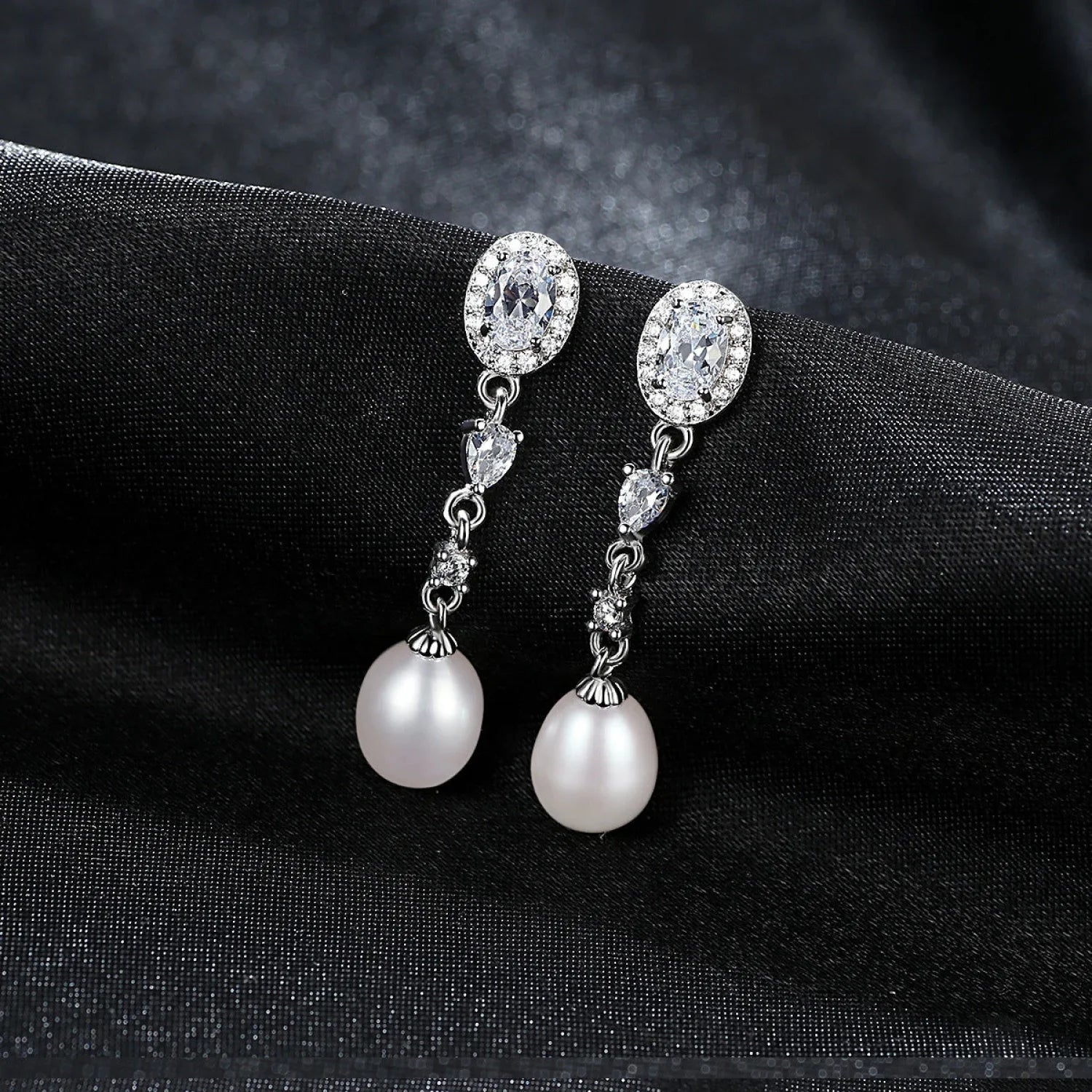 Oval Sterling Silver Long Pearl Earrings For brides and Bridesmaids Amy - Sassygrove