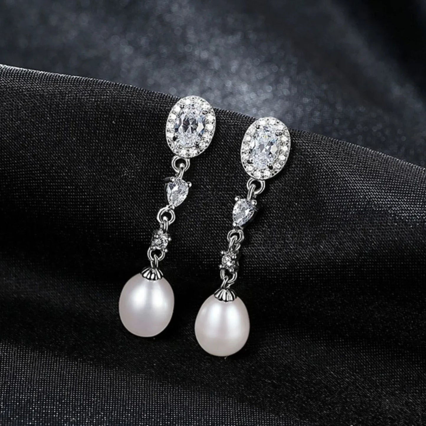 Oval Sterling Silver Long Pearl Earrings For brides and Bridesmaids Amy - Sassygrove