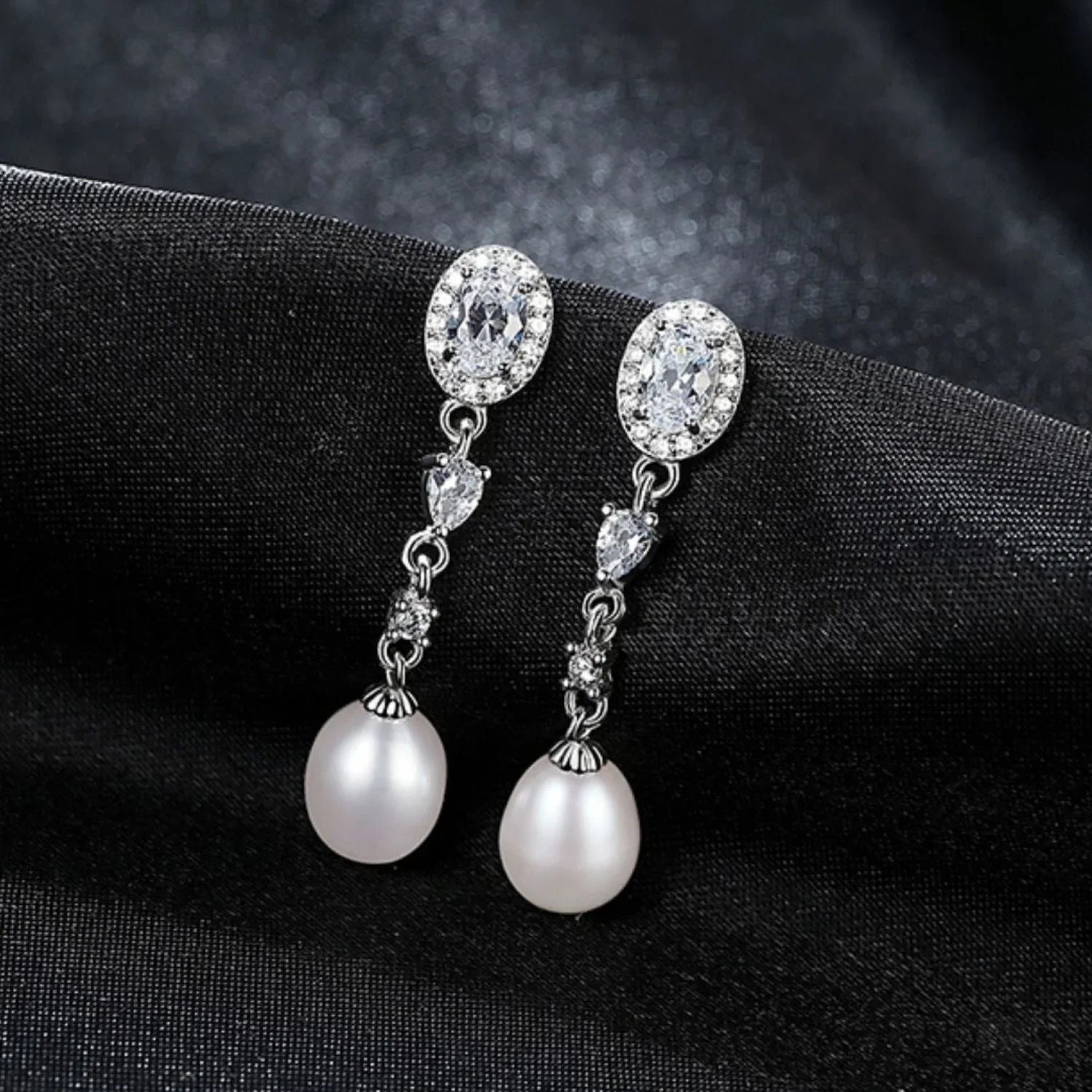 Oval Sterling Silver Long Pearl Earrings For brides and Bridesmaids Amy - Sassygrove