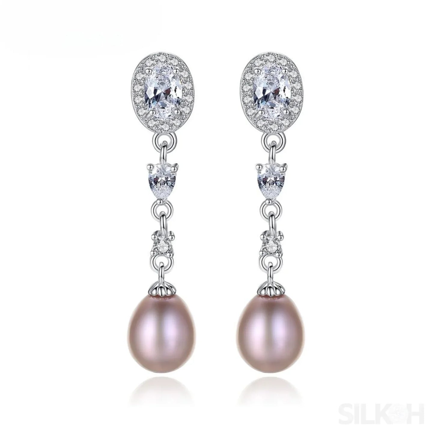 Oval Sterling Silver Long Pearl Earrings For brides and Bridesmaids Amy - Sassygrove
