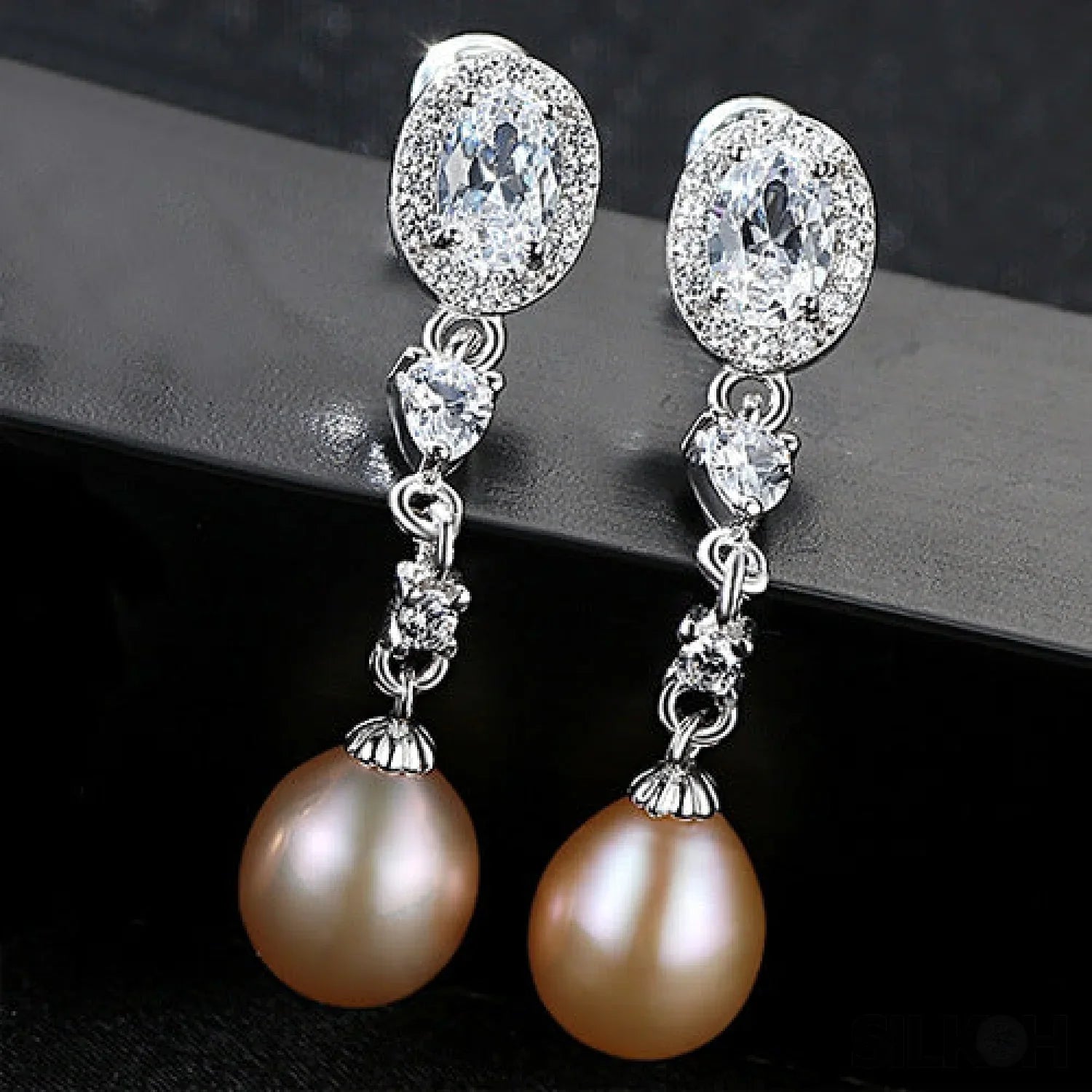 Oval Sterling Silver Long Pearl Earrings For brides and Bridesmaids Amy - Sassygrove