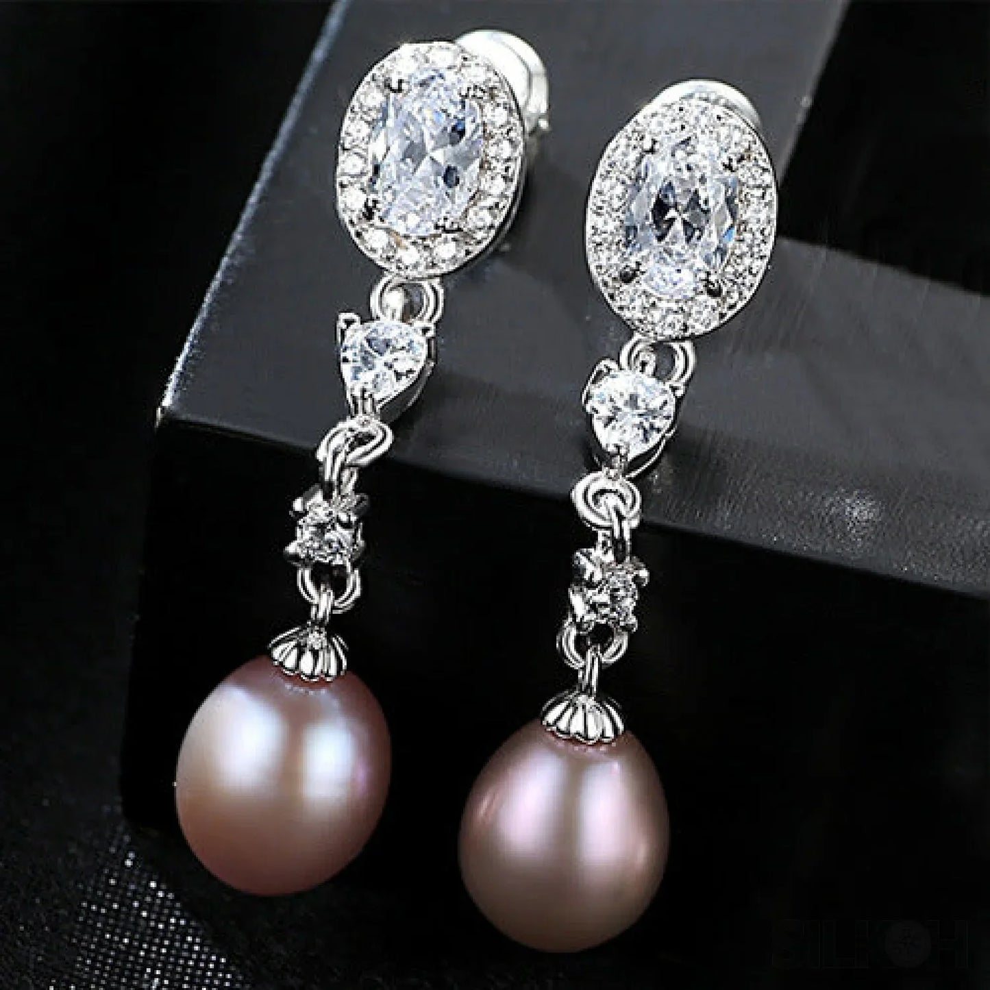 Oval Sterling Silver Long Pearl Earrings For brides and Bridesmaids Amy - Sassygrove