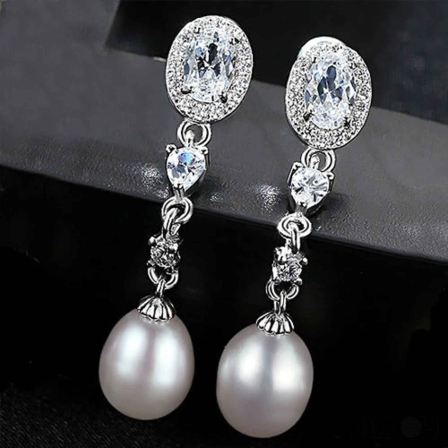 Oval Sterling Silver Long Pearl Earrings For brides and Bridesmaids Amy - Sassygrove