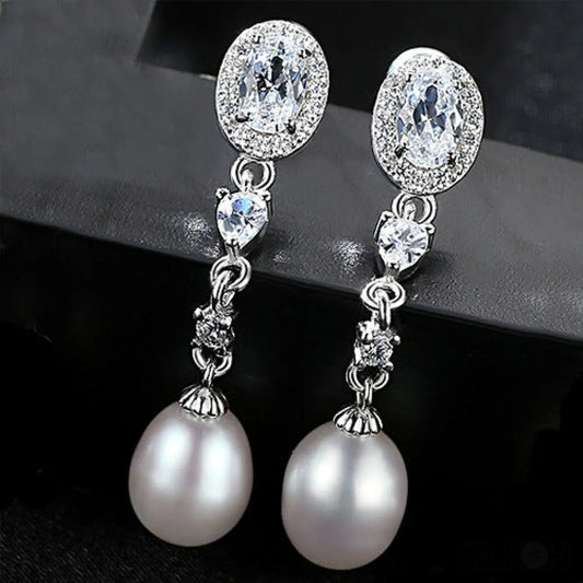 Oval Sterling Silver Long Pearl Earrings For brides and Bridesmaids Amy - Sassygrove